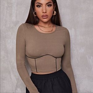 SHEIN Cropped Ribbed Corset Contrast Piping Top Brown Size XL / 12